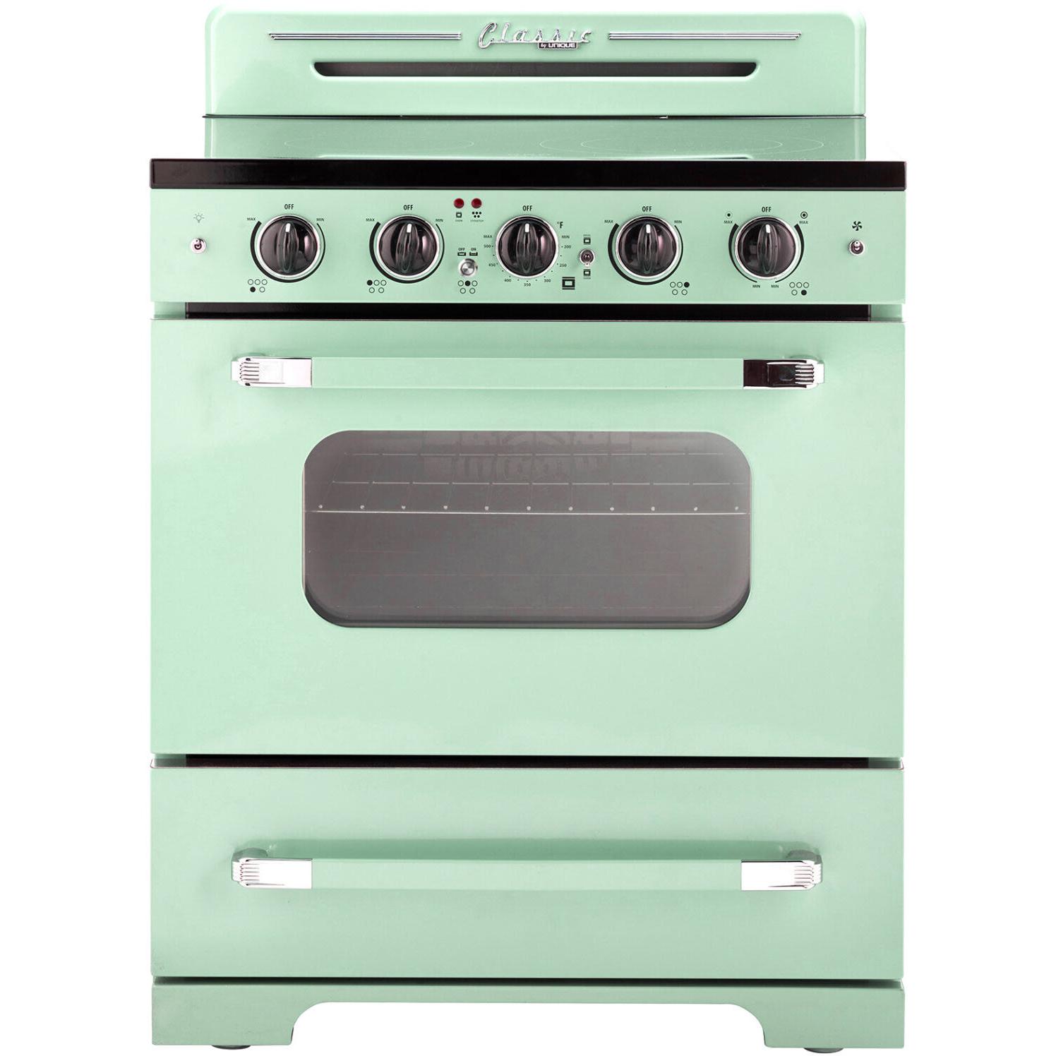 Unique Appliances UGP30CRECLG 30 Inch Freestanding Electric Range with 5  Elements, 3.9 cu. ft. Oven Capacity, Storage Drawer, Convection Oven, and  ETL Listed: Summer Mint Green